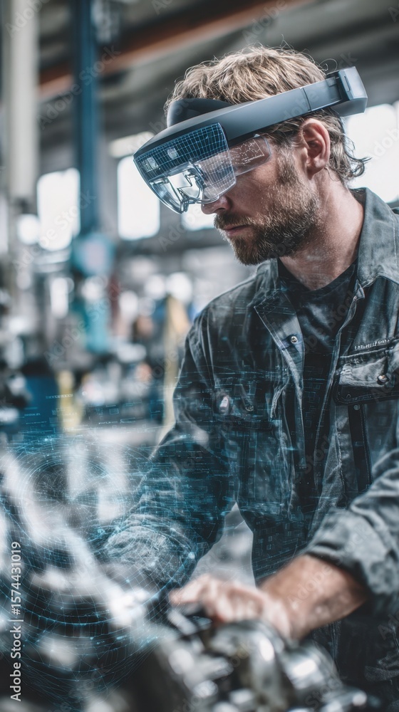 Poster an industrial technician in a modern workshop utilizing augmented reality tools to visualize mechani