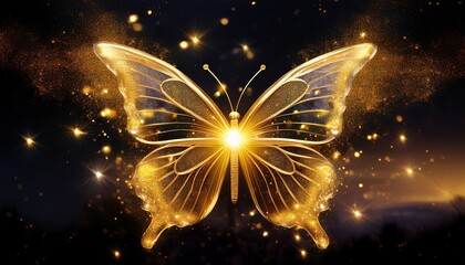 golden glow a butterfly with golden dust radiates against a nighttime sky