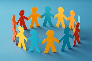 Colorful paper cut-out figures stand holding hands in a circle expressing unity and togetherness.