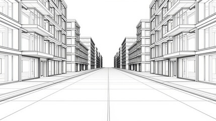Modern architectural design, urban landscape, city street, linear perspective, building outlines, minimalist style