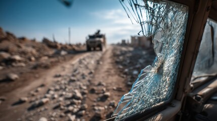 War-Torn Military Vehicle with Cracked Windshield