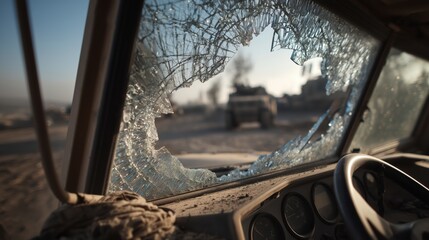 Broken Army Vehicle Glass Reflecting Battlefield