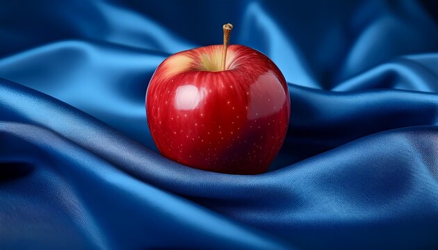 a vibrant red apple rests on rich blue fabric creating a striking color contrast and a sense of classic elegance and simplicity