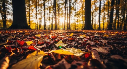 Close-up of fallen autumn leaves in forest with warm sunlight filtering through trees at sunset.