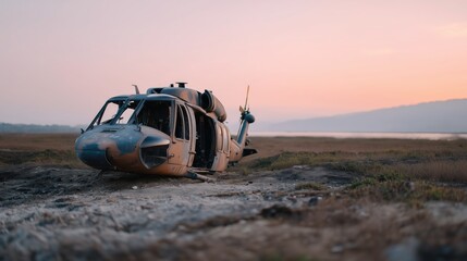 Broken Helicopter Frame in Open Field