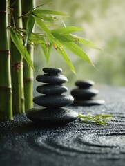 Zen stones and bamboo create a serene scene.