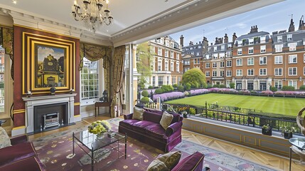 Sophisticated Living Room with Garden View in Historic Townhouse Apartment Setting