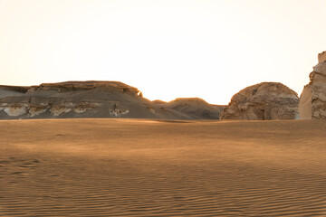 White rock formations and sand dunes in Egypt's White Desert, natural desert landscape	