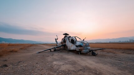 Abandoned Military Chopper at Sunset