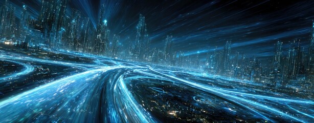 Futuristic city landscape with glowing pathways