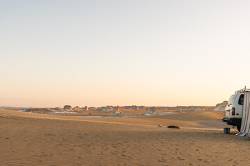 White rock formations and sand dunes in Egypt's White Desert, natural desert landscape	