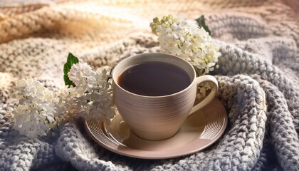 stylish cup of coffee with flowers on soft knitted plaid