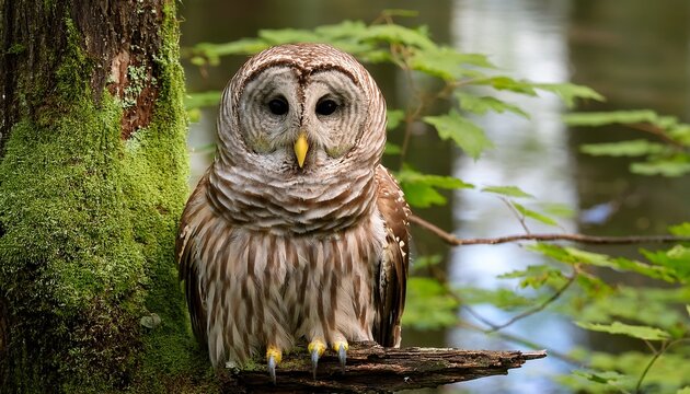 isolated barred owl resting on a tree branch in the swamp