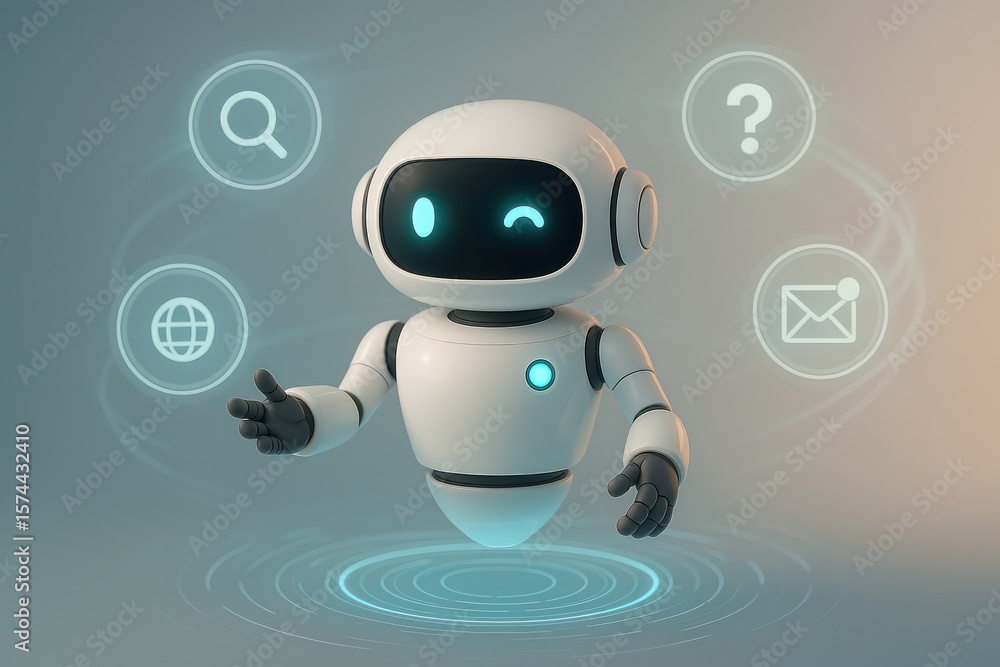 Poster a futuristic robot assistant with glowing lights and friendly features, surrounded by interface symb