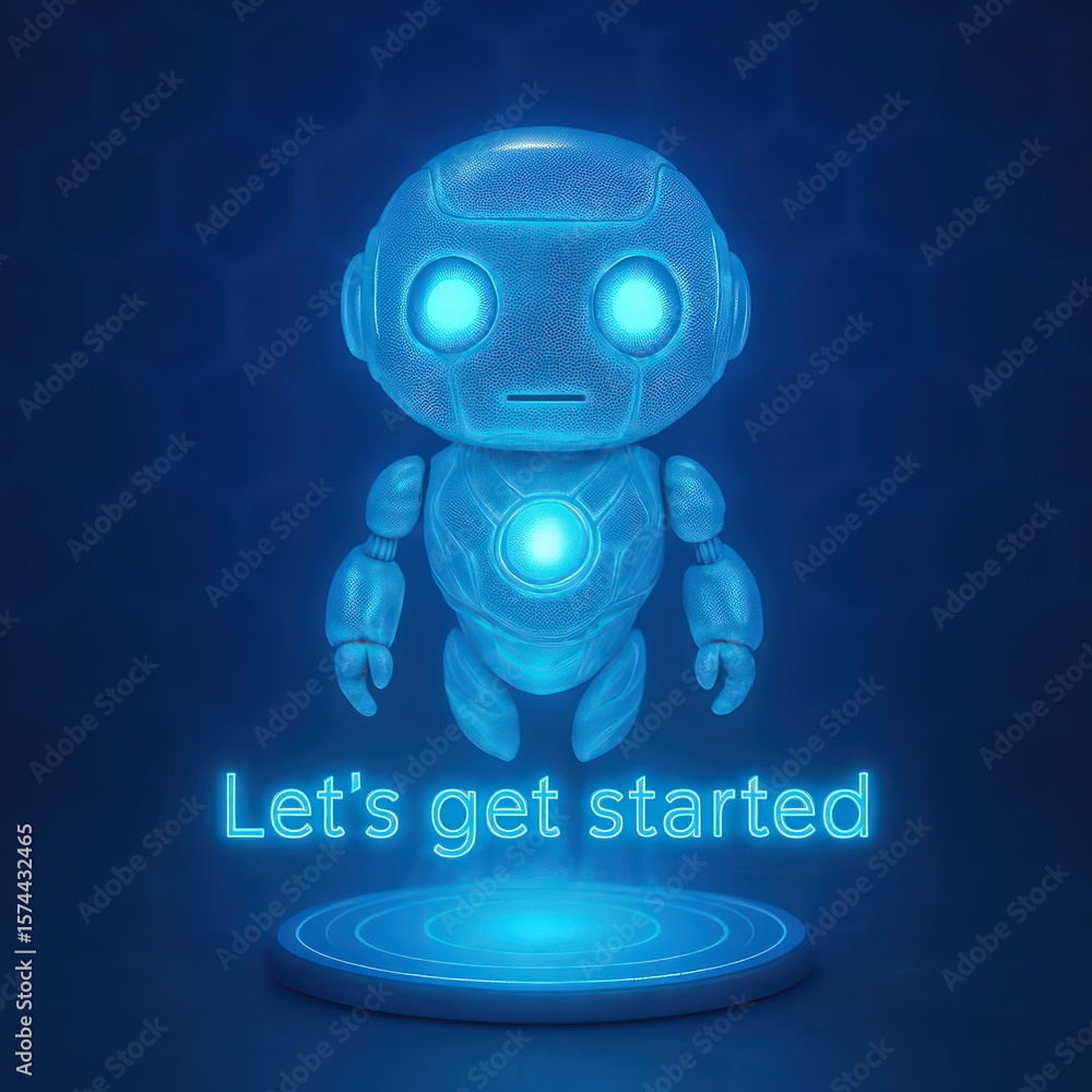 Poster a futuristic, charming robot shines with internal glow in a neon-lit presentation. the robot stands 