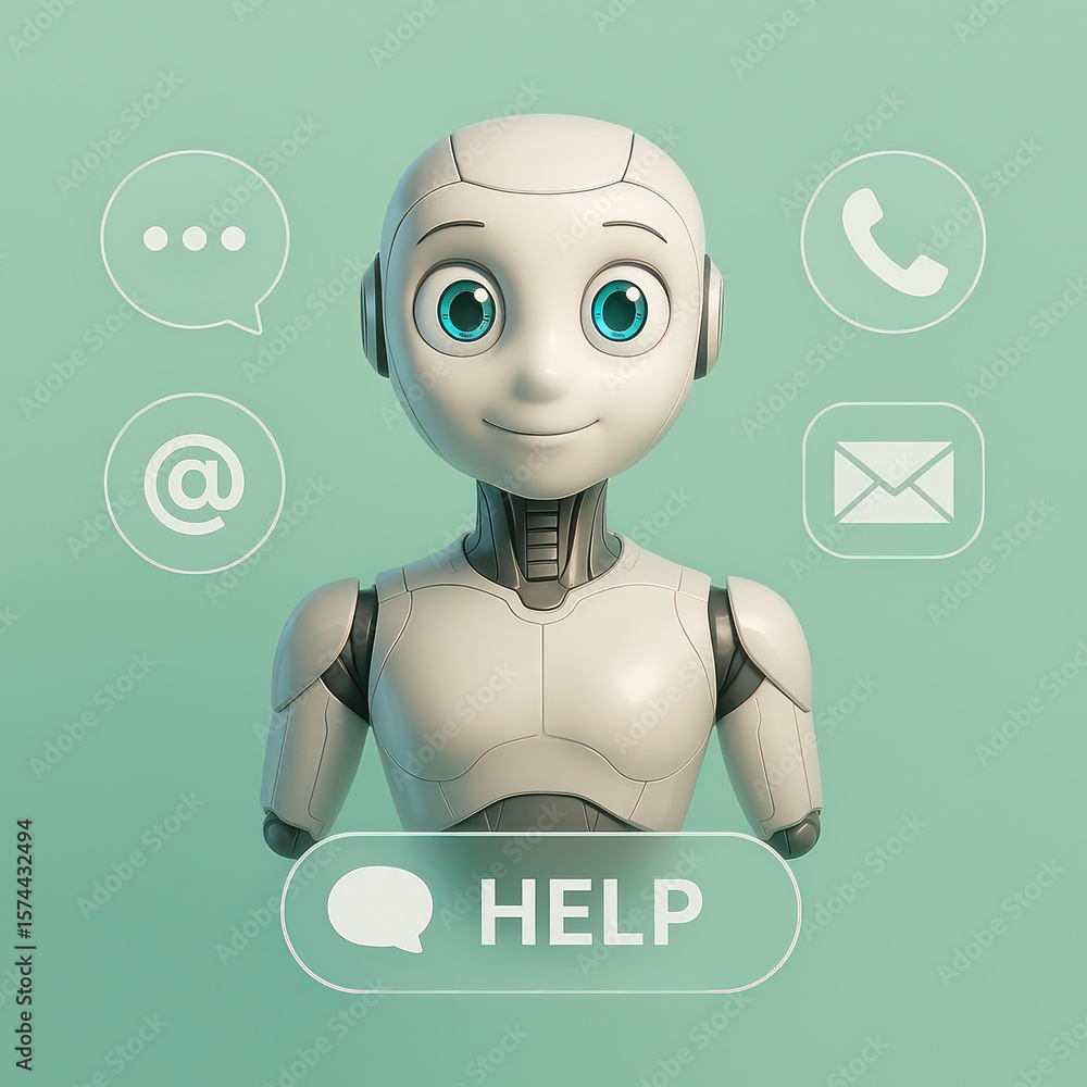 Poster friendly robot assistant offering help with digital communication. customer support service