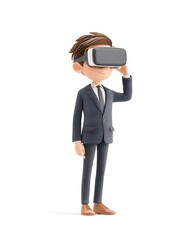 3D cartoon businessman using VR headset in office attire, isolated white background