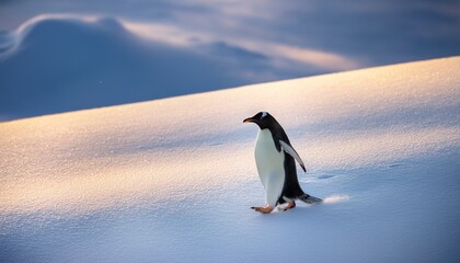 Obraz premium a penguin waddles across a snowy landscape under soft cold light