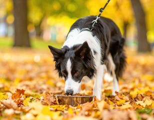 Dog eating in autumn leaves (1)