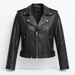 Naklejka premium Classic moto jacket, sleek silhouette, edgy appeal, leather apparel photography on white background