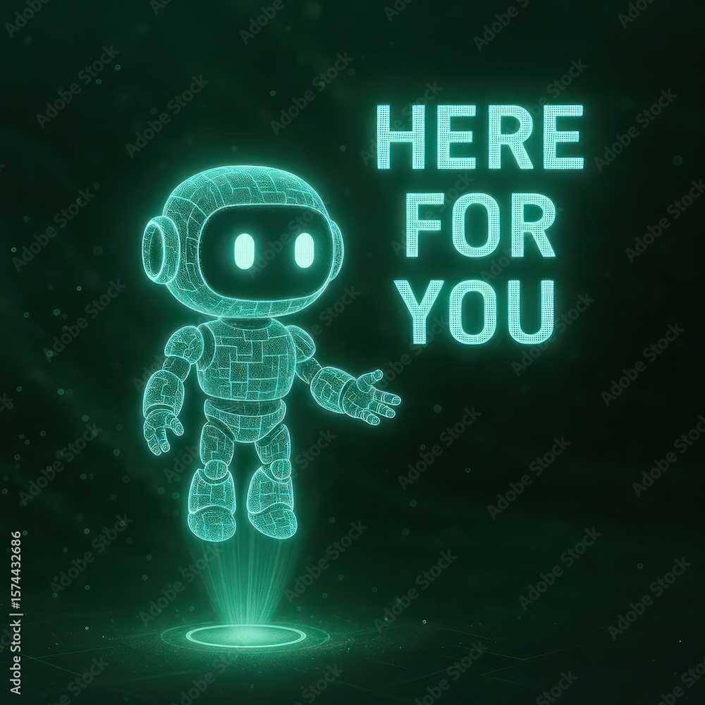 Poster an ai assistant welcomes with an inviting gesture, embodying a futuristic embrace and accessibility.