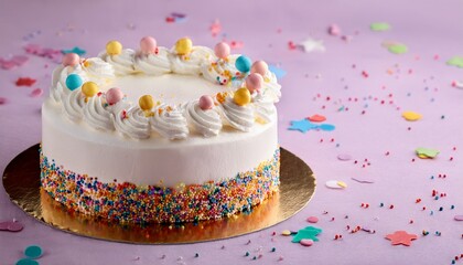 white frosted cake with sprinkles and decorations