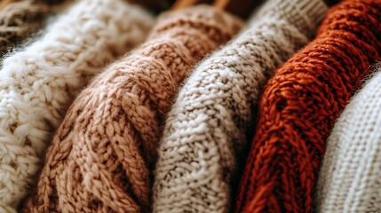 Close-up view of various knitted sweaters.