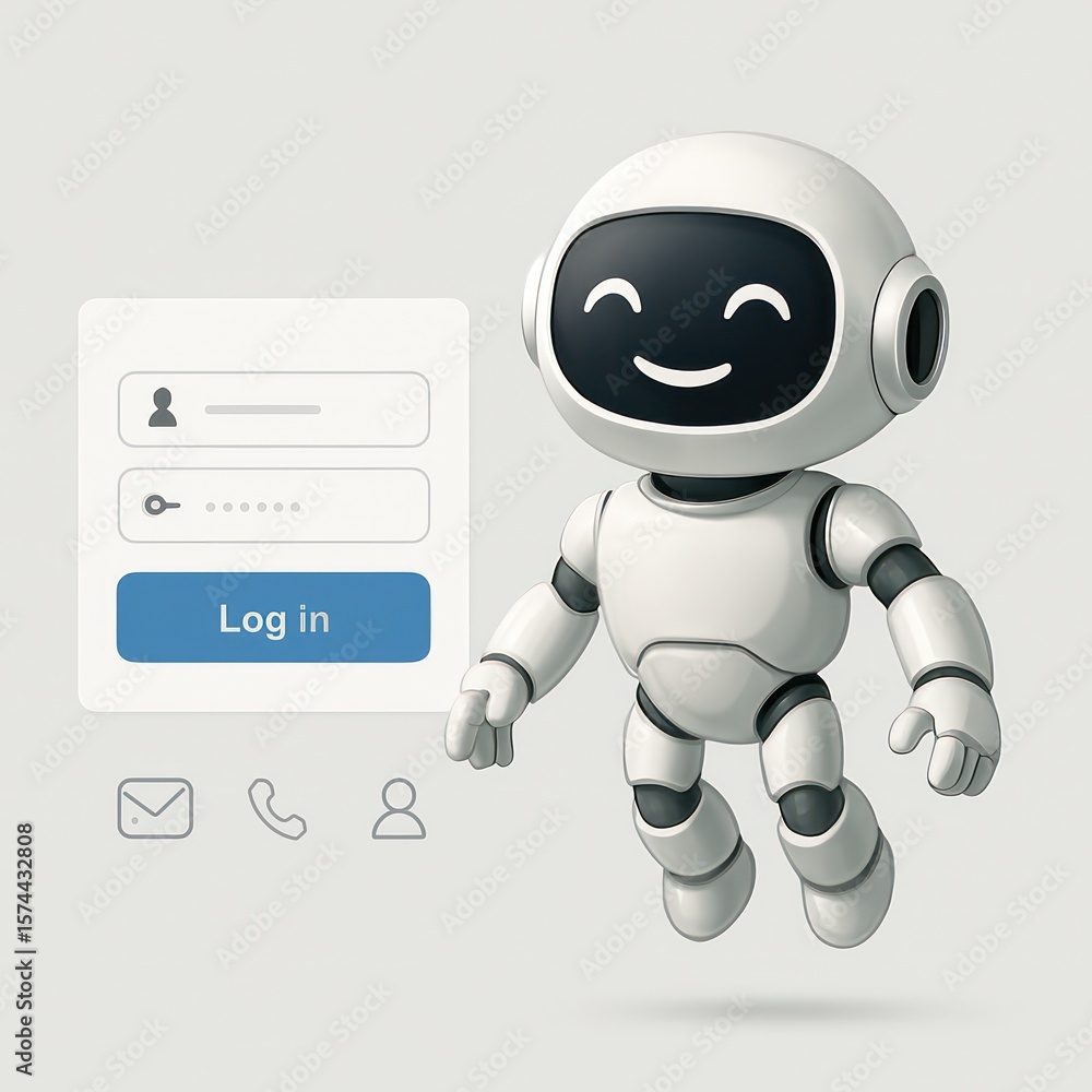 Poster an ai robot greets the viewer with a friendly smile, with a user interface that invites you to log i