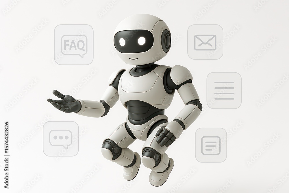 Poster a friendly robot guides with intuitive icons, illuminating innovative digital interactions and the f