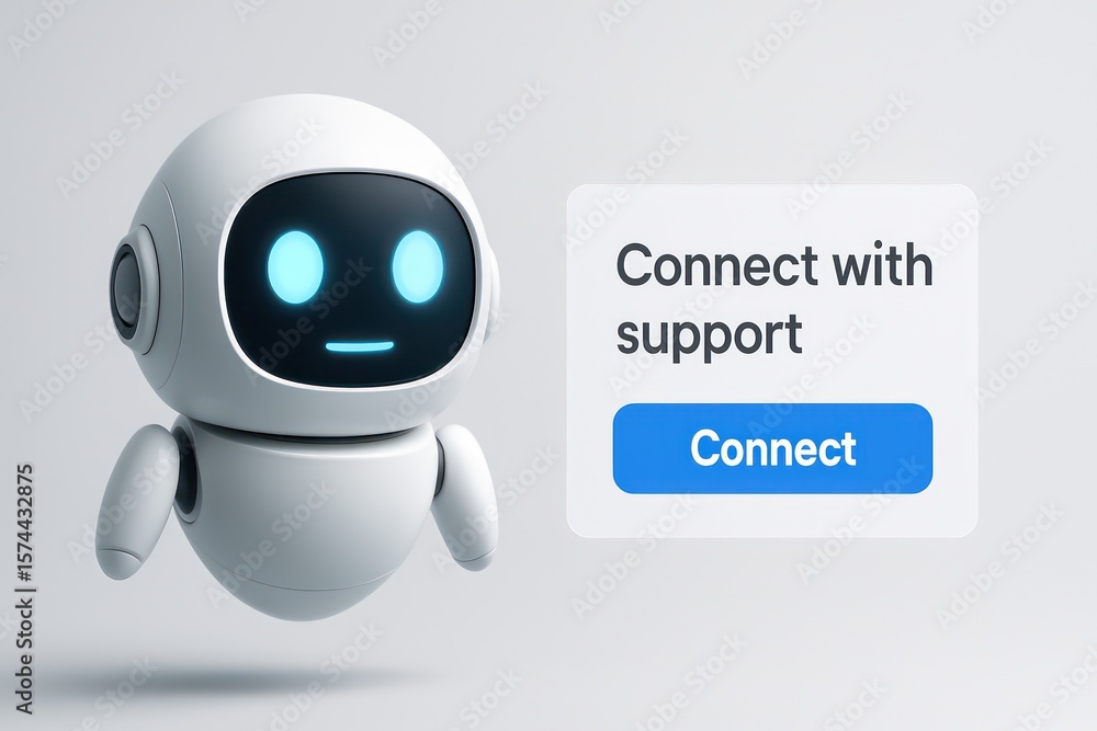 Poster a modern, friendly robot assistant offers support with a button inviting the viewer to connect, in a