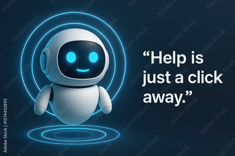 Poster a friendly robot avatar with a warm smile, highlighting an engaging message that emphasizes ease of 