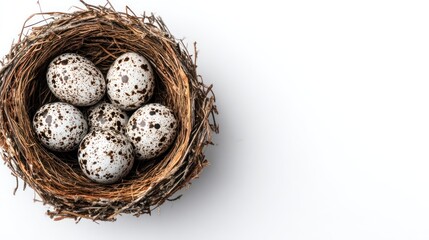 Bird nest with speckled eggs on white background