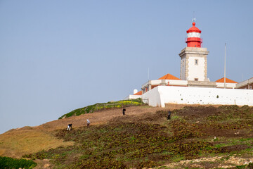 People Working Near Red and White Lighthouse on a Coastal Hill. Portugal