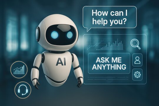 Friendly AI robot assistant ready to help, displays a helpful message "How can I help you?" and "Ask me anything." customer support service   