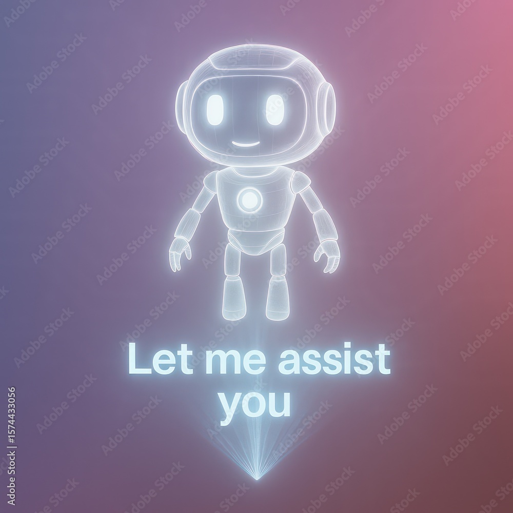 Poster a friendly robot assistant emerges from a radiant holographic projection. it stands ready to serve a