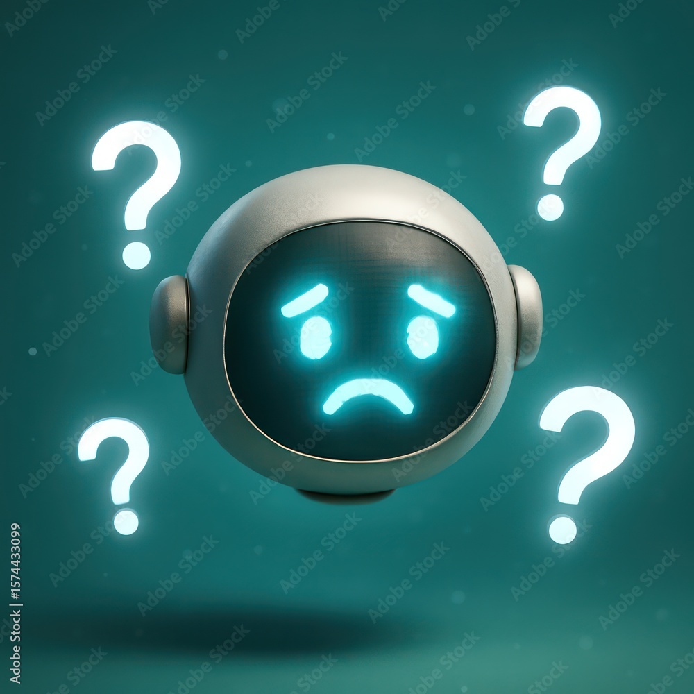 Poster a thoughtful robot displaying a mood of questioning, surrounded by question marks, perfect for illus