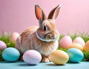 Easter bunny surrounded by colorful eggs