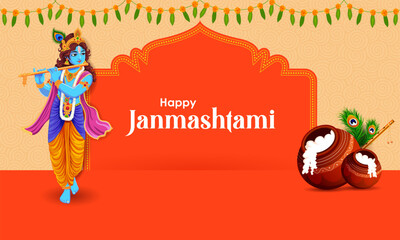 Vector illustration of Lord Krishna playing flute on Happy Janmashtami holiday Indian festival greeting background