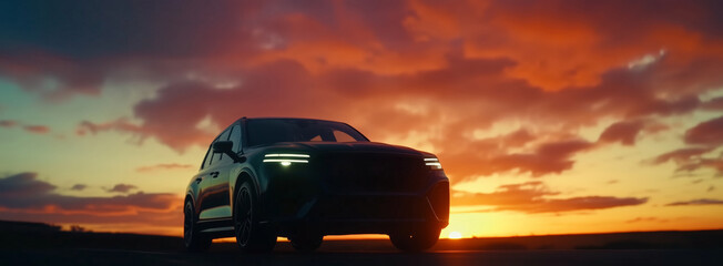 Sleek SUV silhouette against vibrant sunset, showcasing blend of modern design and natural beauty. dramatic sky enhances vehicle stylish features