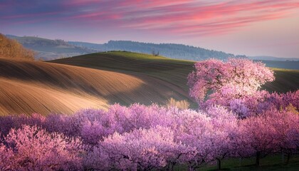 surreal pink flowering trees and rolling hills bathed in soft pastel light