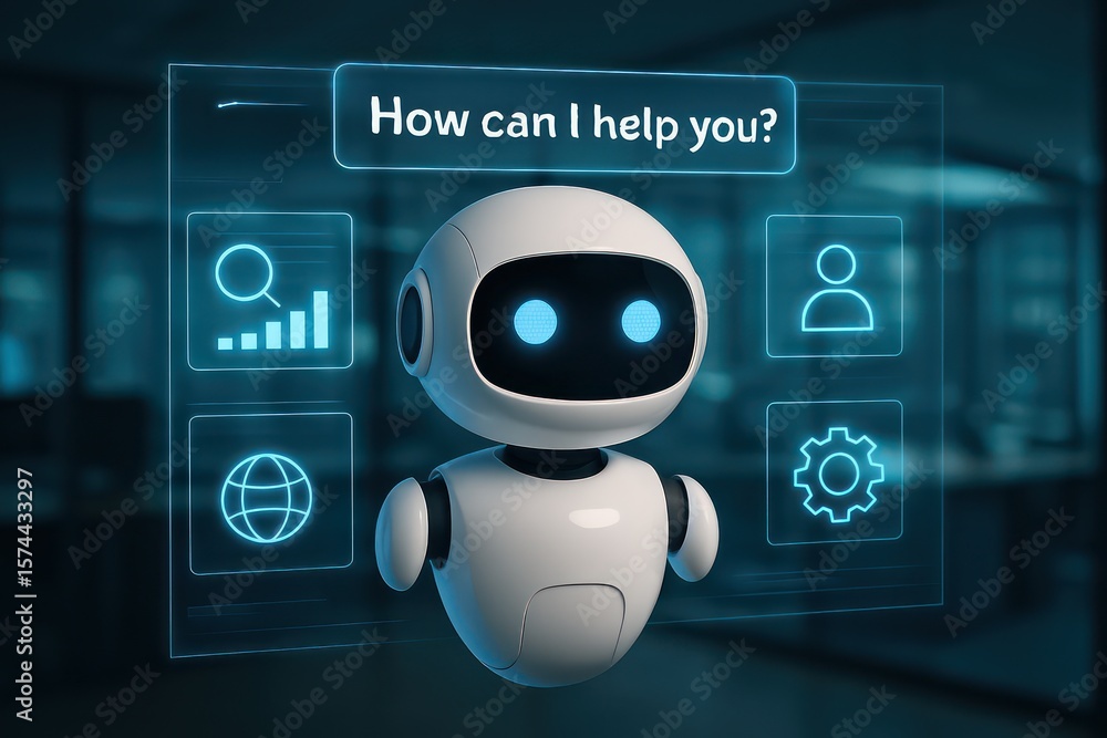 Poster a digital assistant, in the form of a sleek, futuristic robot, offers guidance, encased in a luminou