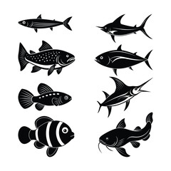 Collection of 8 black fish silhouette icons including tropical and freshwater species. Ideal for logos, educational material, fishing graphics, and marine design.