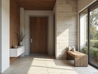coastal interior design of modern entrance hall with stone tiles wall and wooden rustic elements