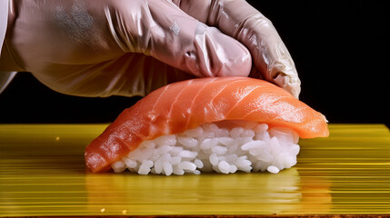 Dynamic Close-up: Sushi Chef's Skilled Hands Expertly Forming Nigiri Sushi

