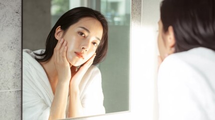 Woman Inspecting Skin in Bathroom Mirror

