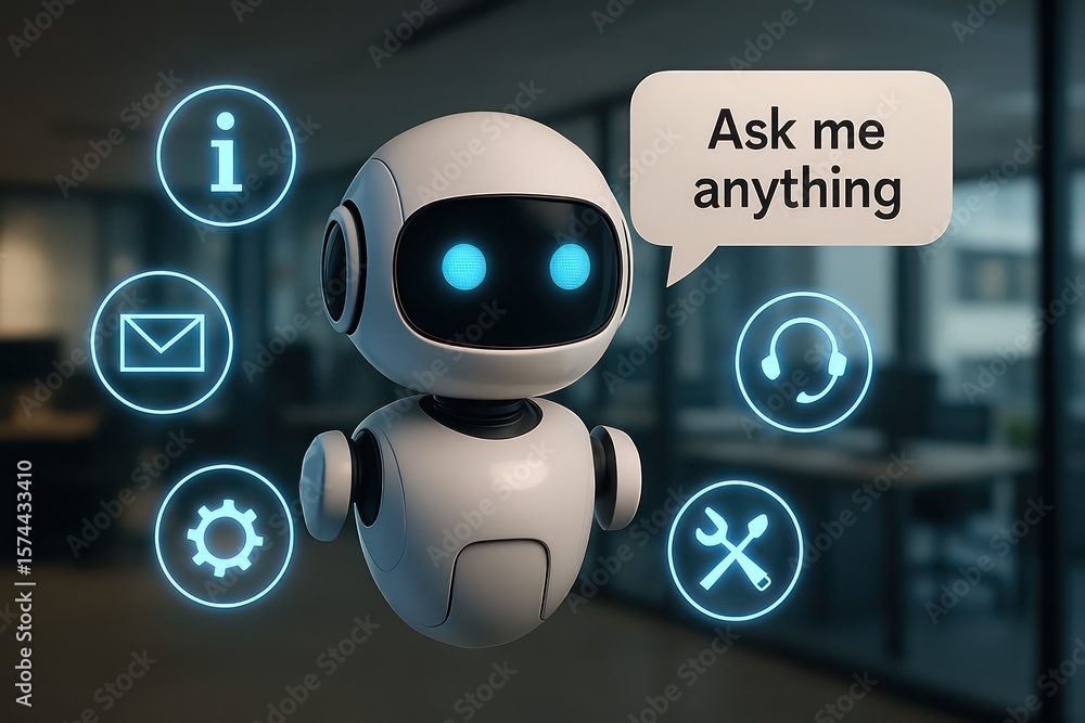 Aufkleber a futuristic robotic assistant, depicted with a friendly visage, interacts with a user, offering inf