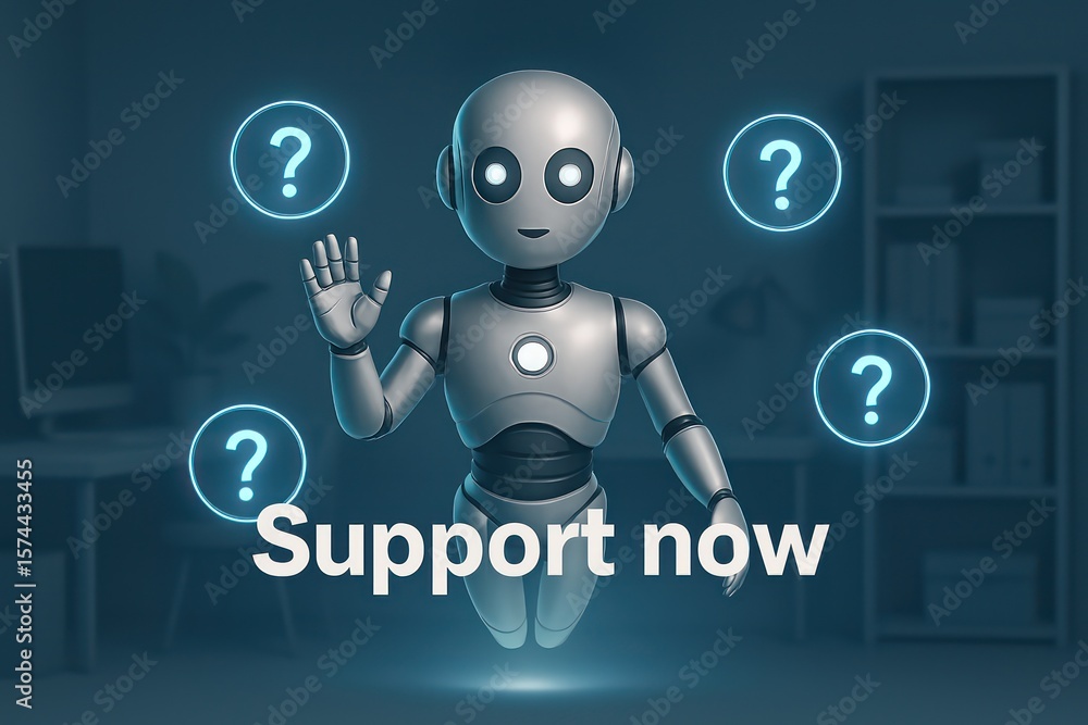 Poster a futuristic robot is offering help with friendly gesture and question marks around. with 