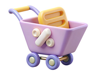3d render of a purple shopping cart with a yellow percentage symbol and pastel accents retail commerce
