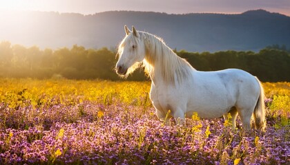 magical white horse with flowing golden mane stands in field of colorful flowers illuminated by soft sunlight scene evokes sense of wonder and enchantment