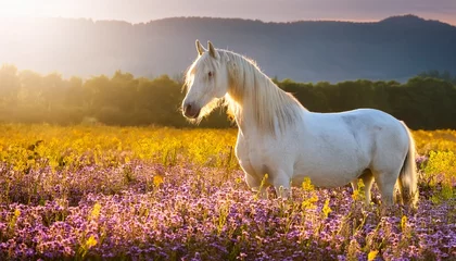 Wall murals magical white horse with flowing golden mane stands in field of colorful flowers illuminated by soft sunlight scene evokes sense of wonder and enchantment